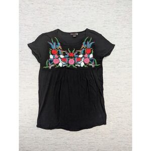 JW Style Shirt Womens‎ Small Black Embroidered Floral Boho Rayon Artsy Dark